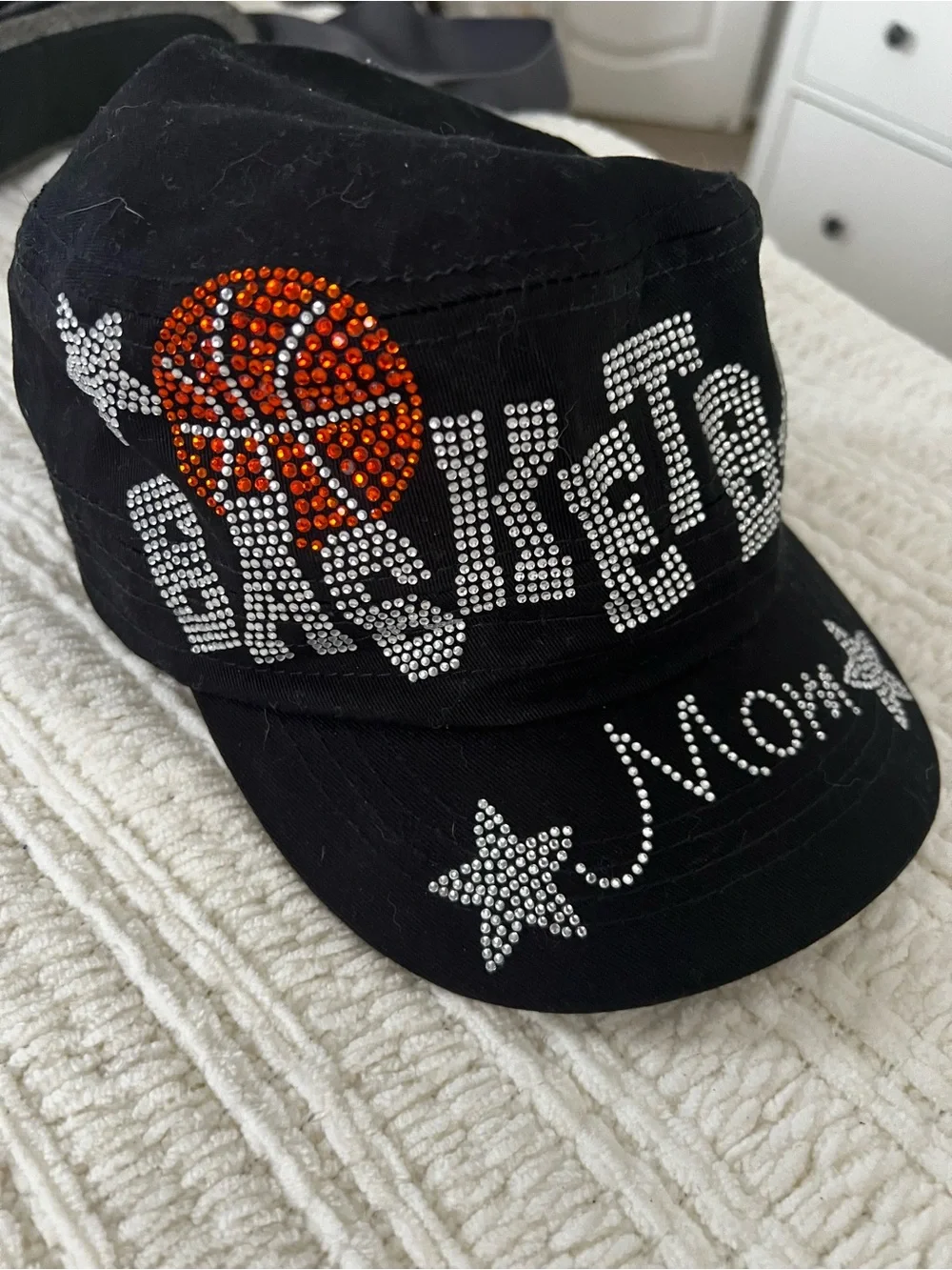 Mom Rhinestone Black Baseball Cap with Orange Accent
